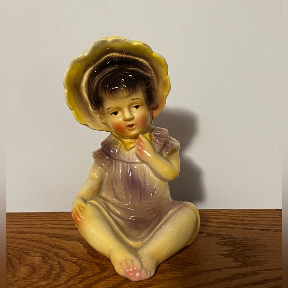 Vintage 1950’s 7” Young Girl Figurine Purple Dress Yellow Hat Japan